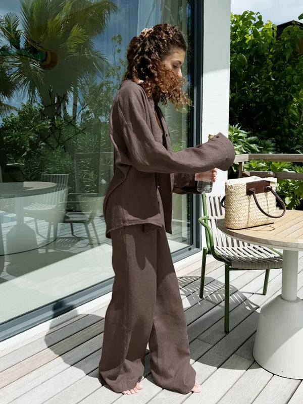 Chic Women's Casual Cotton-Linen Blouse & Elastic Waist Pants Set - Perfect for Spring!